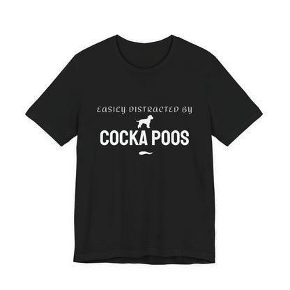Easily Distracted by Cockapoos black t-shirt front view, funny dog t-shirt for cockapoo lovers