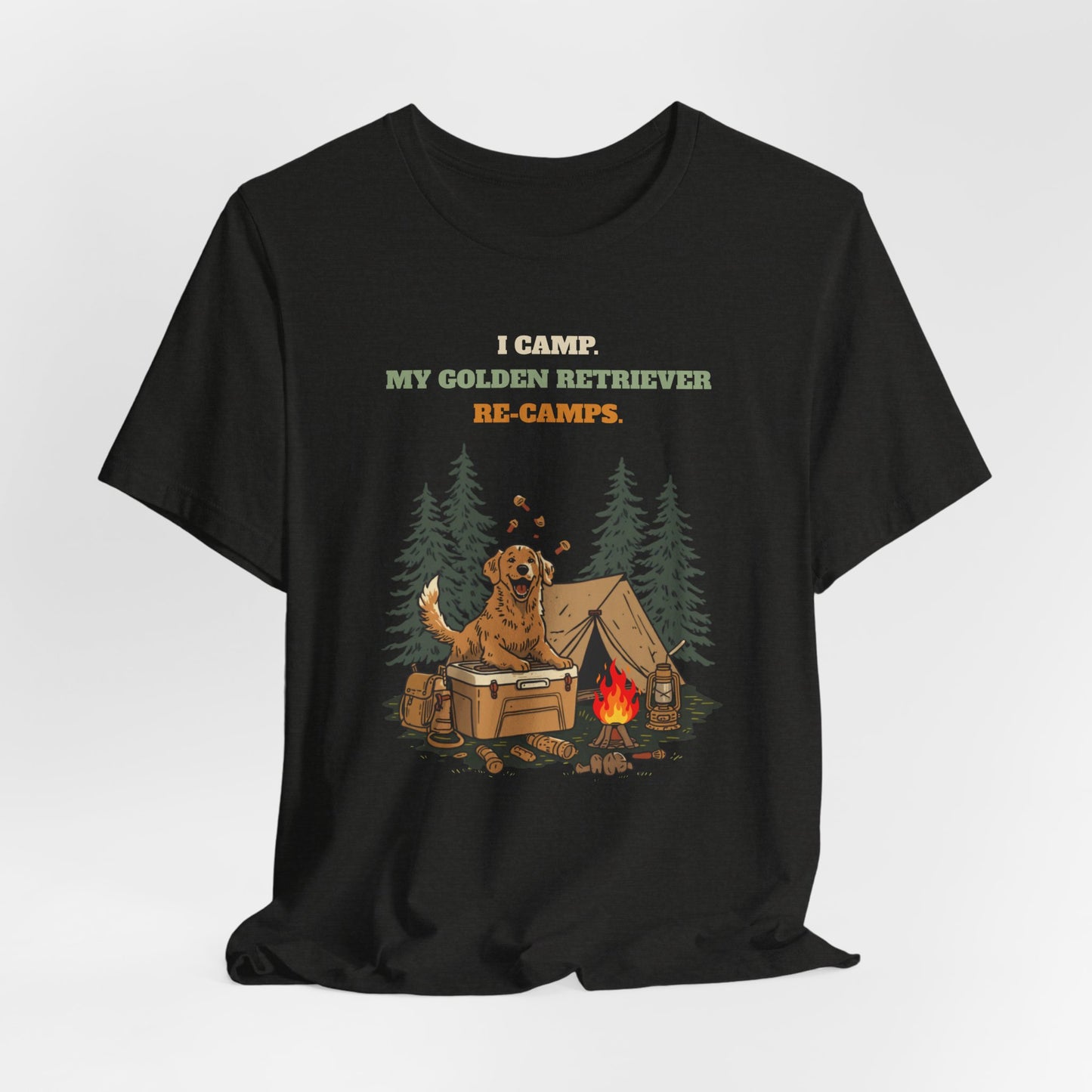 Golden Retriever camping t-shirt Black Heather colourway