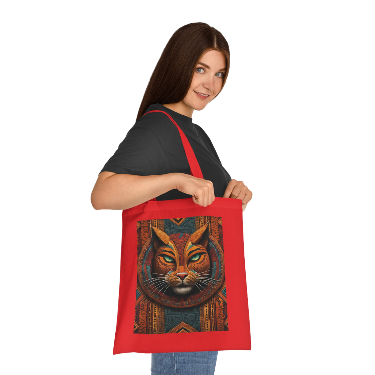 SniffWaggleNWalk Egyptian cat tote in black — full design detail, hieroglyphic-inspired cat art on cotton