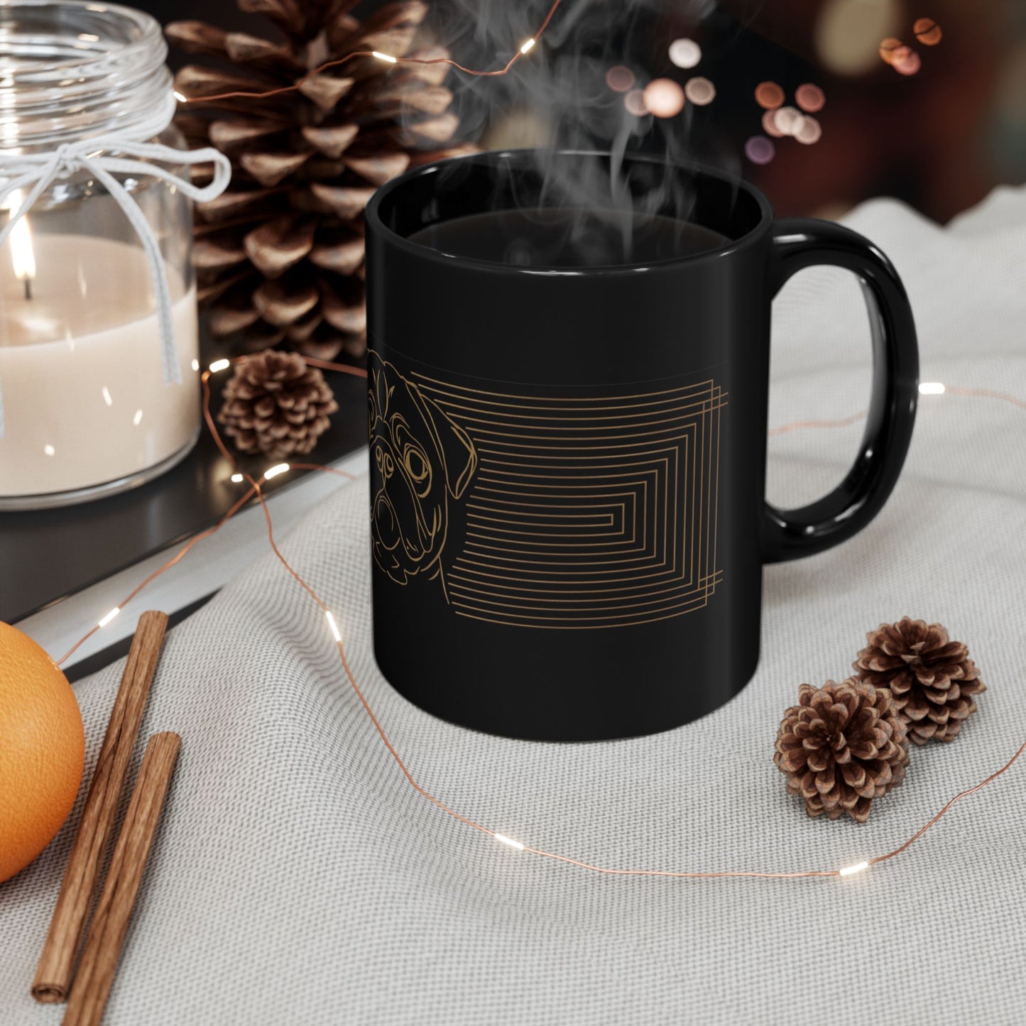 Pug Outline Black Ceramic Mug – Minimalist Gold Coffee Cup (11oz/15oz)