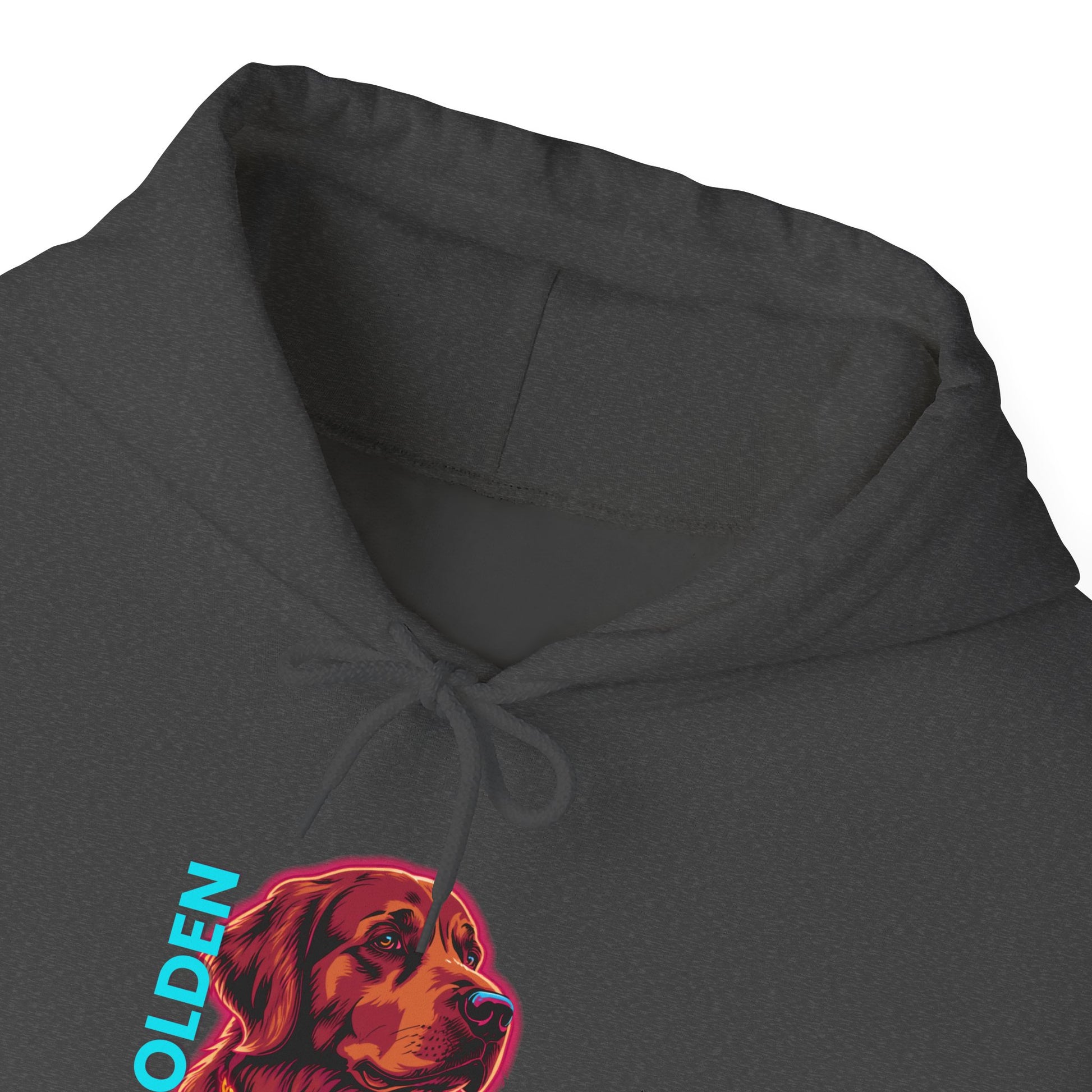 Close-up of neon Golden Retriever chest print on dark hoodie