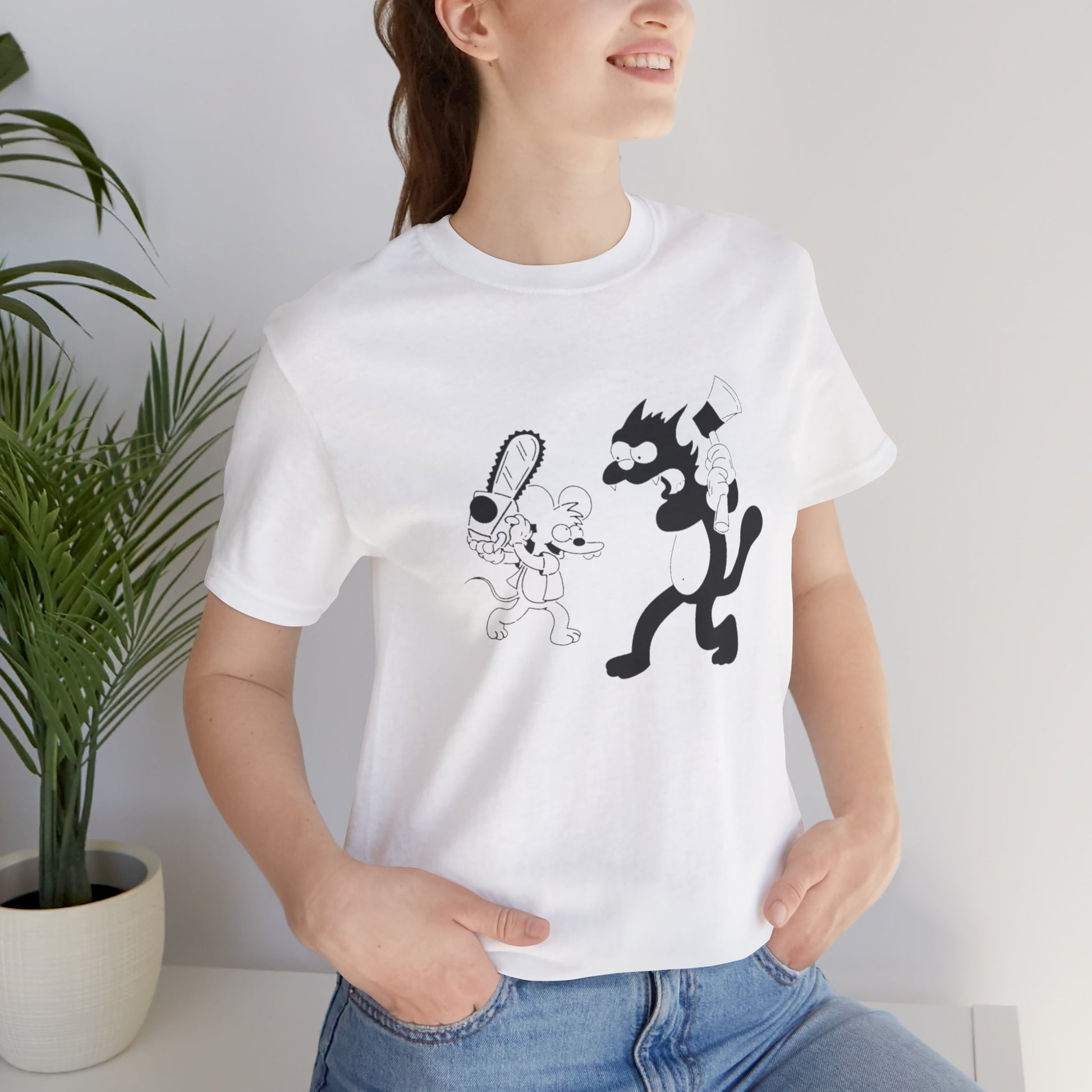 The Itchiest Scratchiest tee — Soft Pink, lifestyle shot, cat and mouse cartoon graphic tee