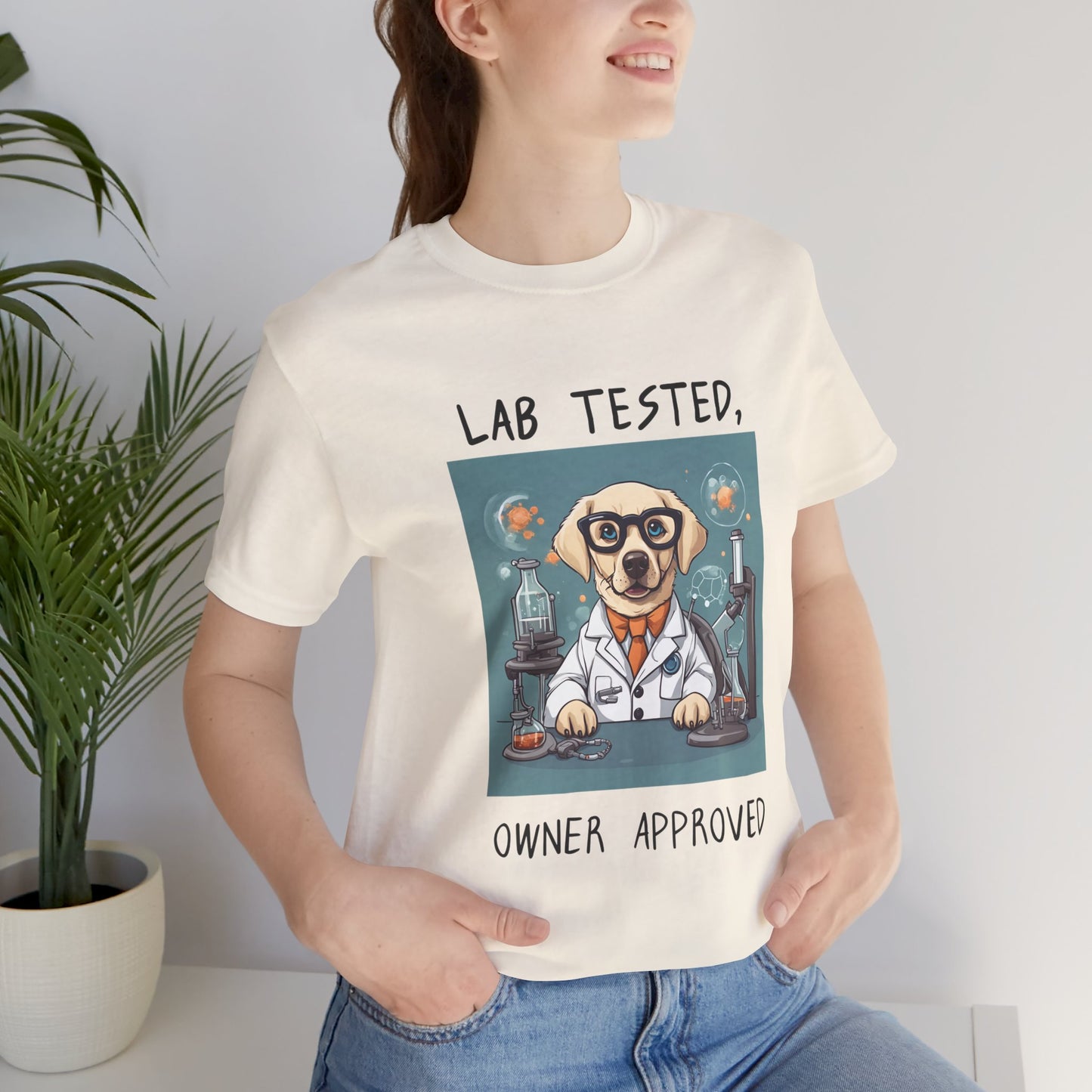 Lab Tested Owner Approved Labrador t-shirt in Natural worn by a model, front view