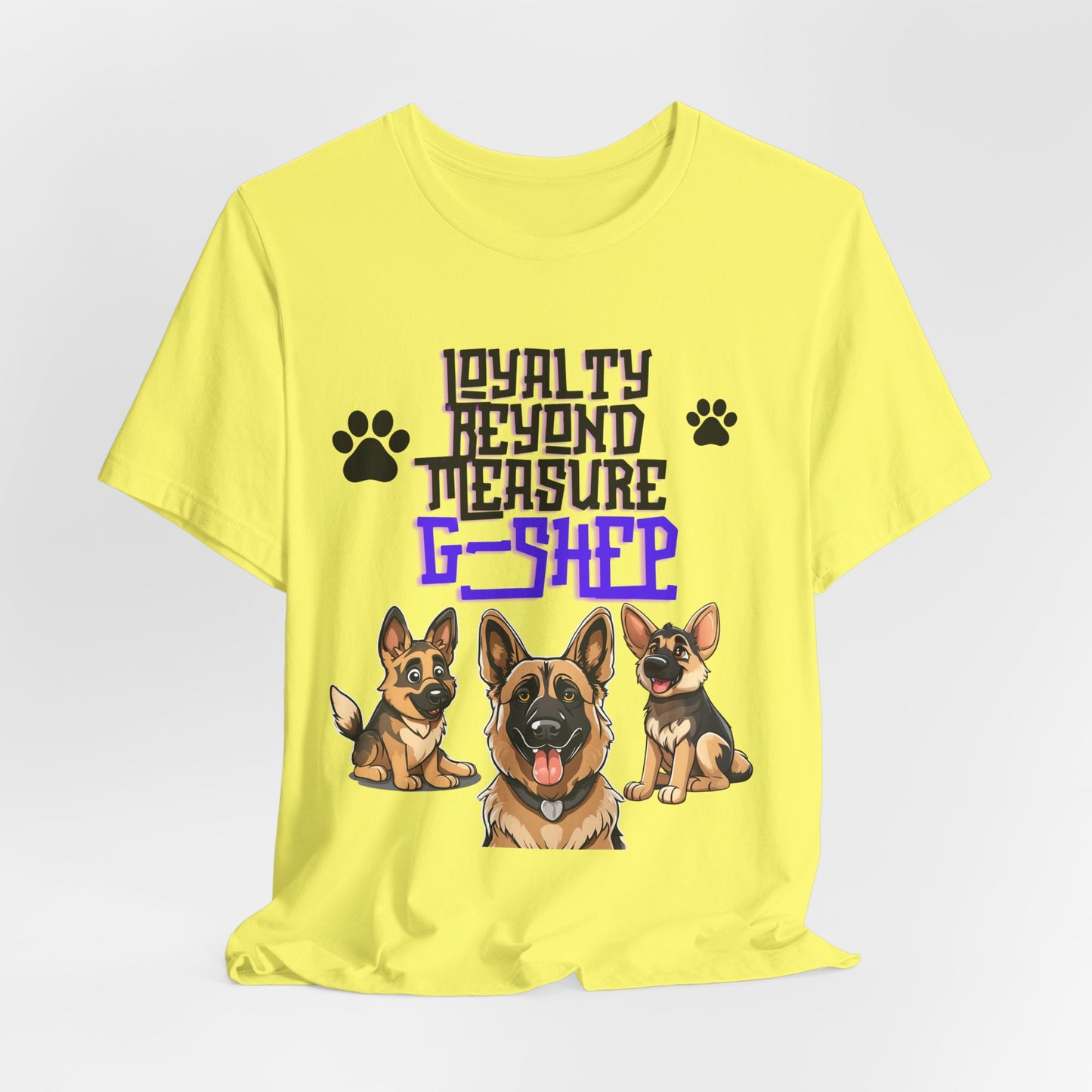 Loyalty Beyond Measure German Shepherd t-shirt in Yellow, hanging front view