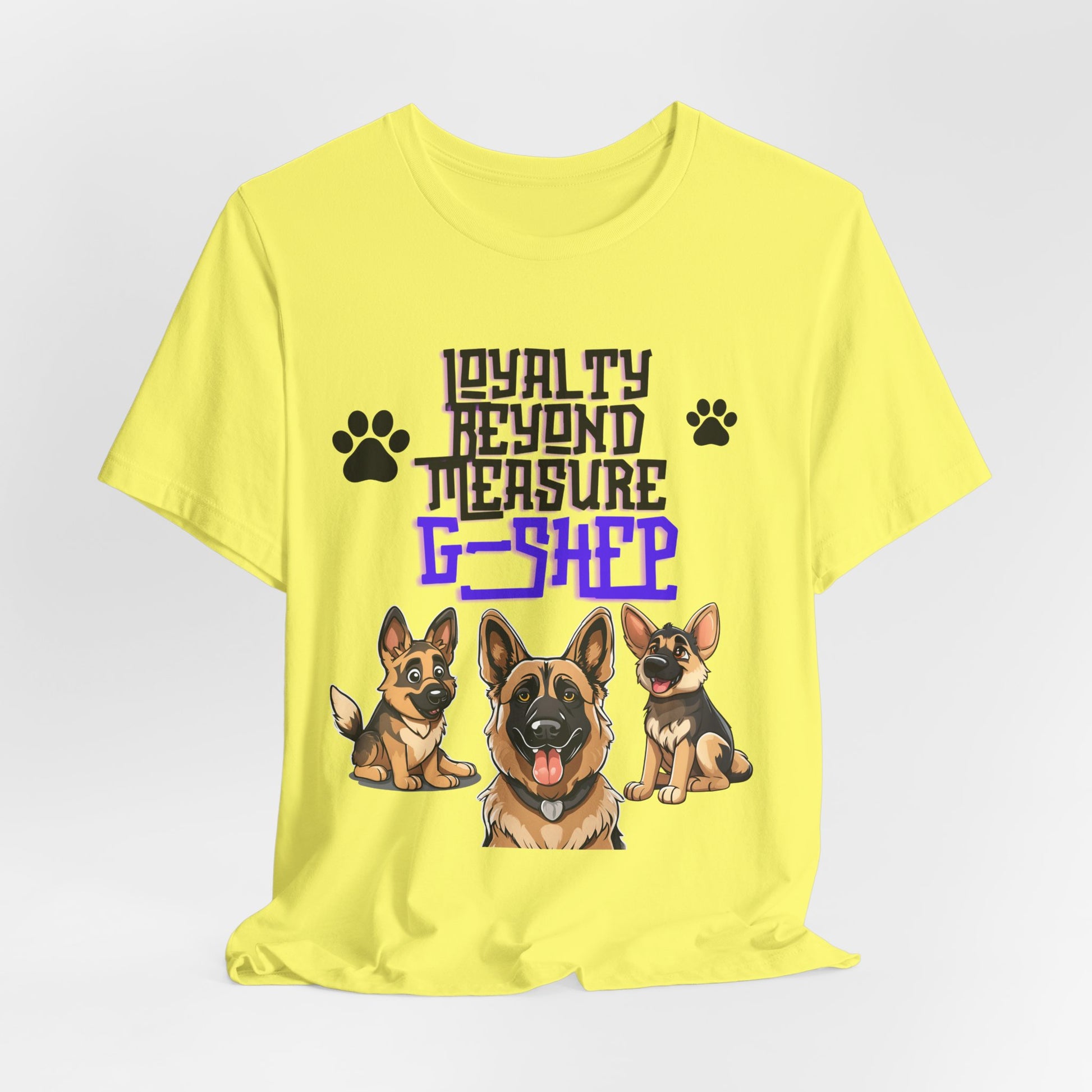 Loyalty Beyond Measure German Shepherd t-shirt in Yellow, hanging front view