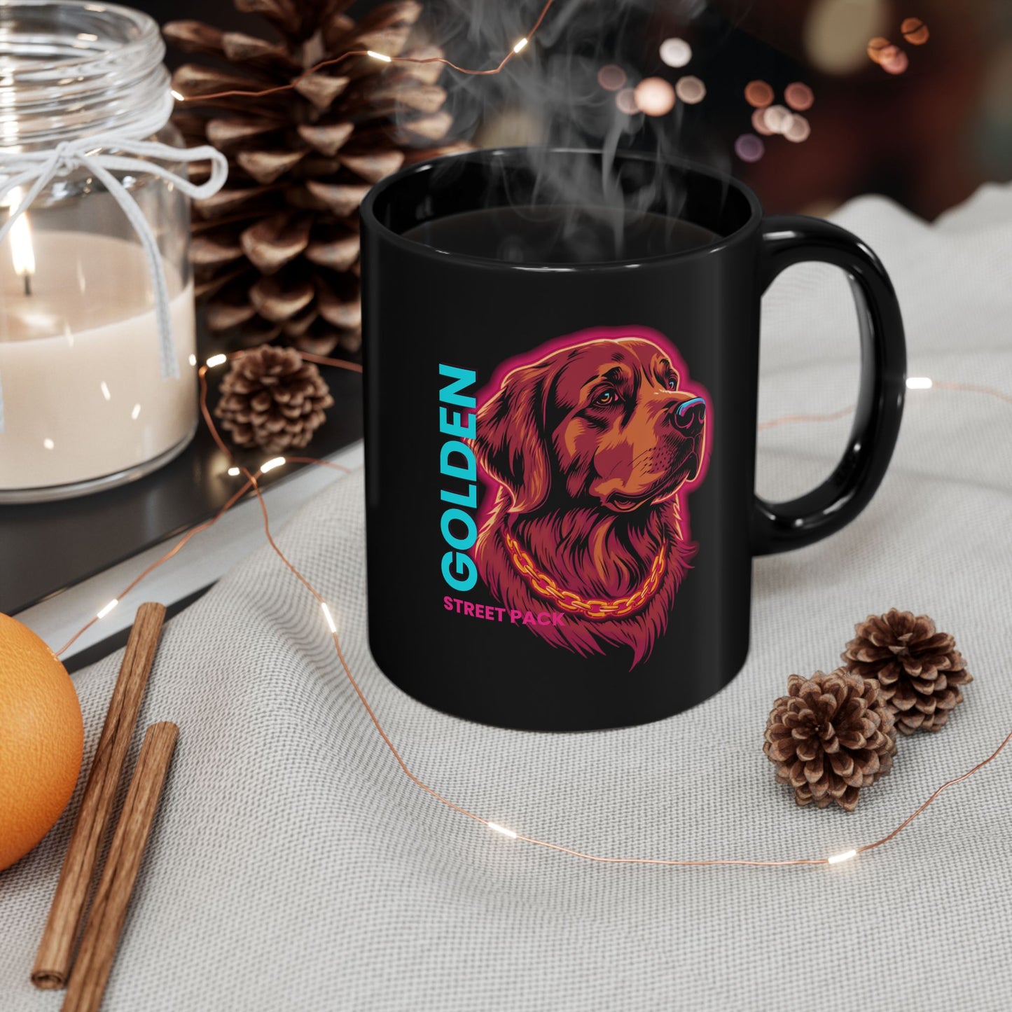 Golden Retriever Neon Portrait Mug — Black 11oz/15oz Coffee Cup