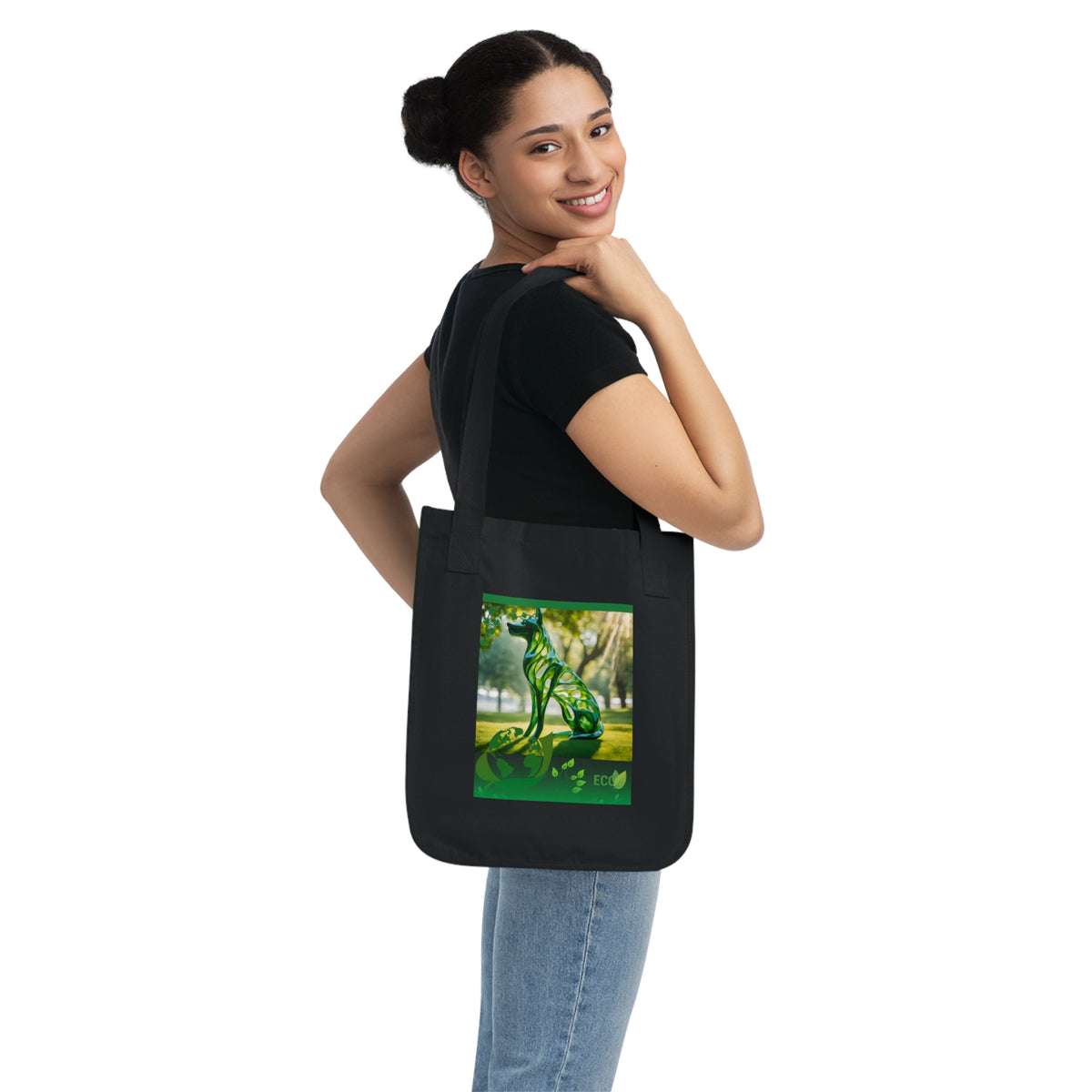 Canvas dog tote bag in natural organic cotton — close-up of print and fabric texture
