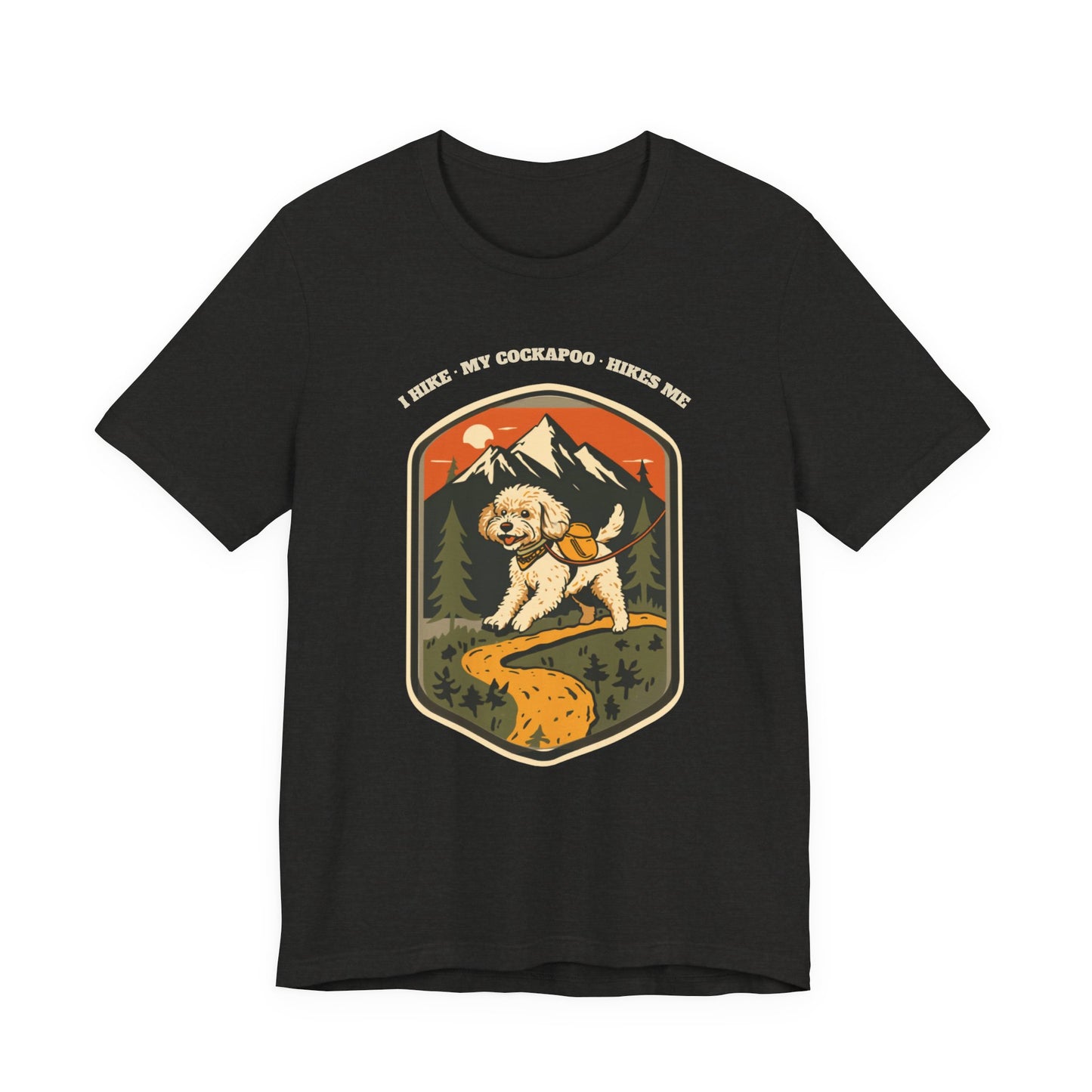 Dark grey heather I Hike My Cockapoo Hikes Me tee front view
