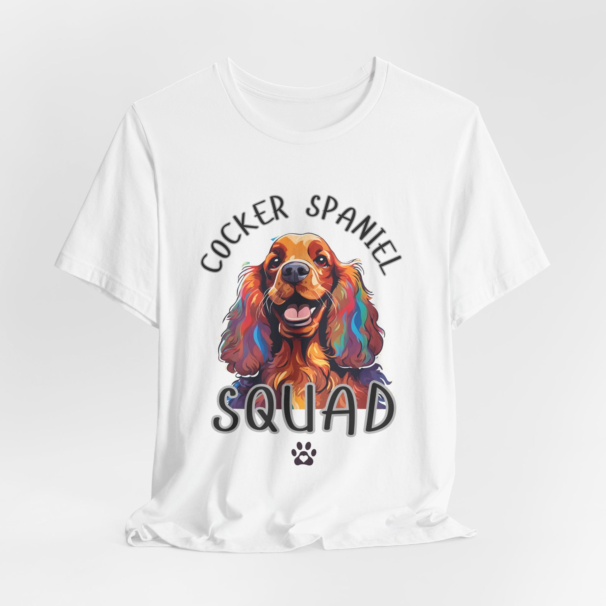 Cocker Spaniel Squad pop-art t-shirt in White, hanging front view