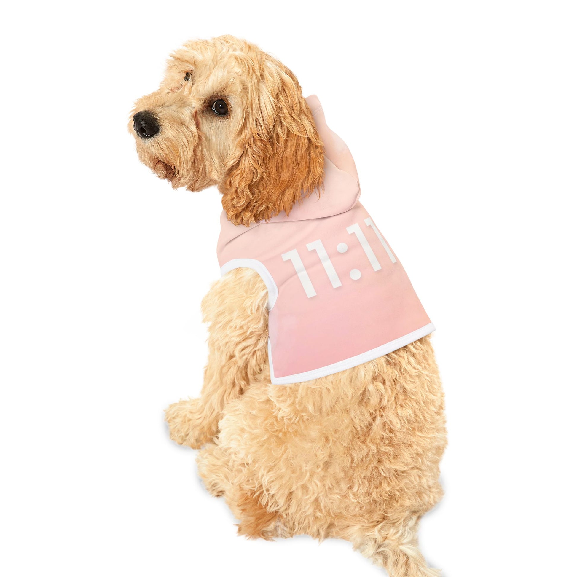 Peach and pink sunrise pet hoodie with 11:11 angel number