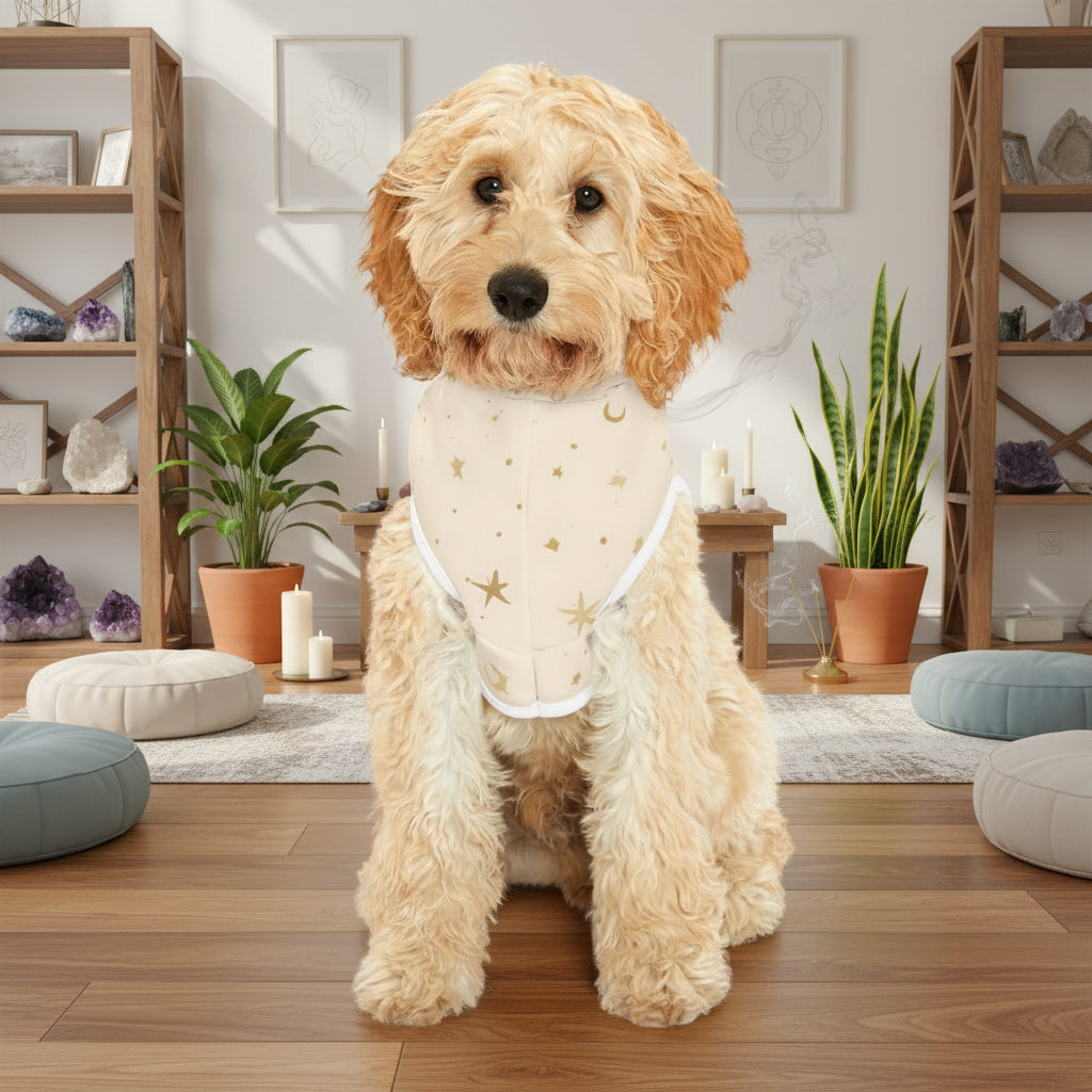 Medium size dog wearing 11:11 angel number hoodie with soft celestial design