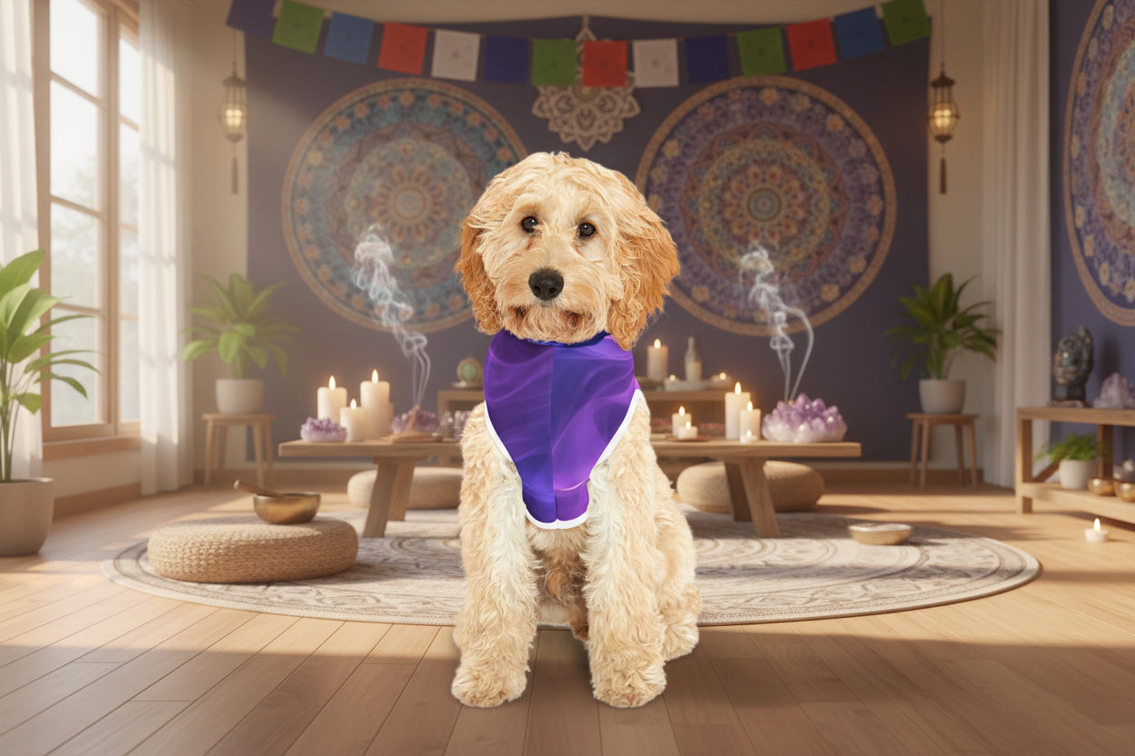 Side profile of a dog wearing a mystical purple 11:11 hoodie