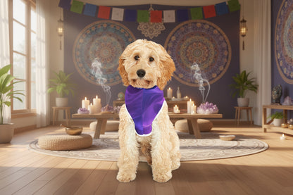 Side profile of a dog wearing a mystical purple 11:11 hoodie