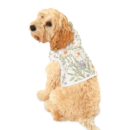 Dog wearing pastel floral 11:11 pet hoodie
