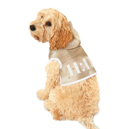 Dog wearing 11:11 gold marble angel number pet hoodie with celestial pattern