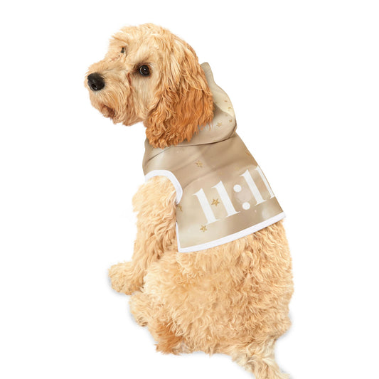 Dog wearing 11:11 gold marble angel number pet hoodie with celestial pattern