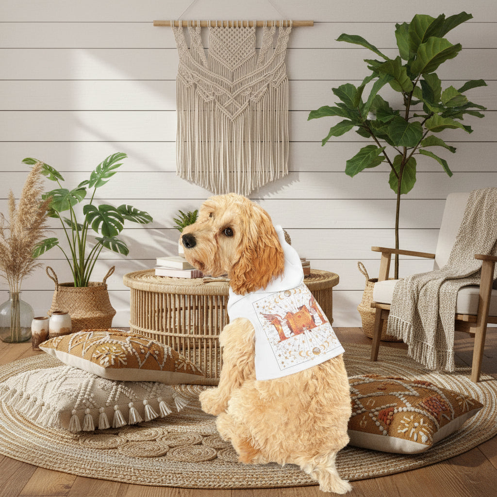 Dog wearing a white hoodie with a colorful design on a white background