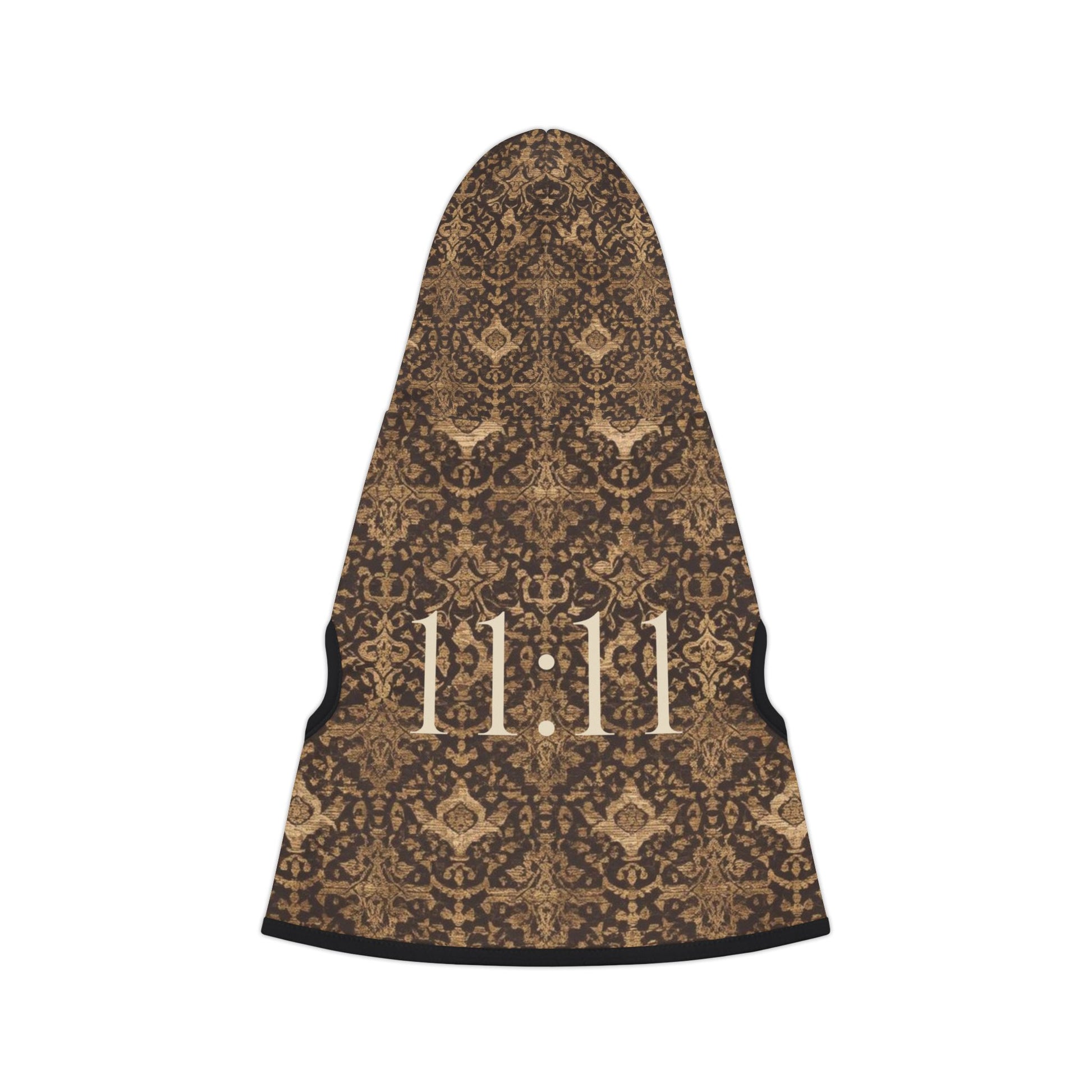 Detailed view of heritage-inspired pattern on 11:11 pet hoodie