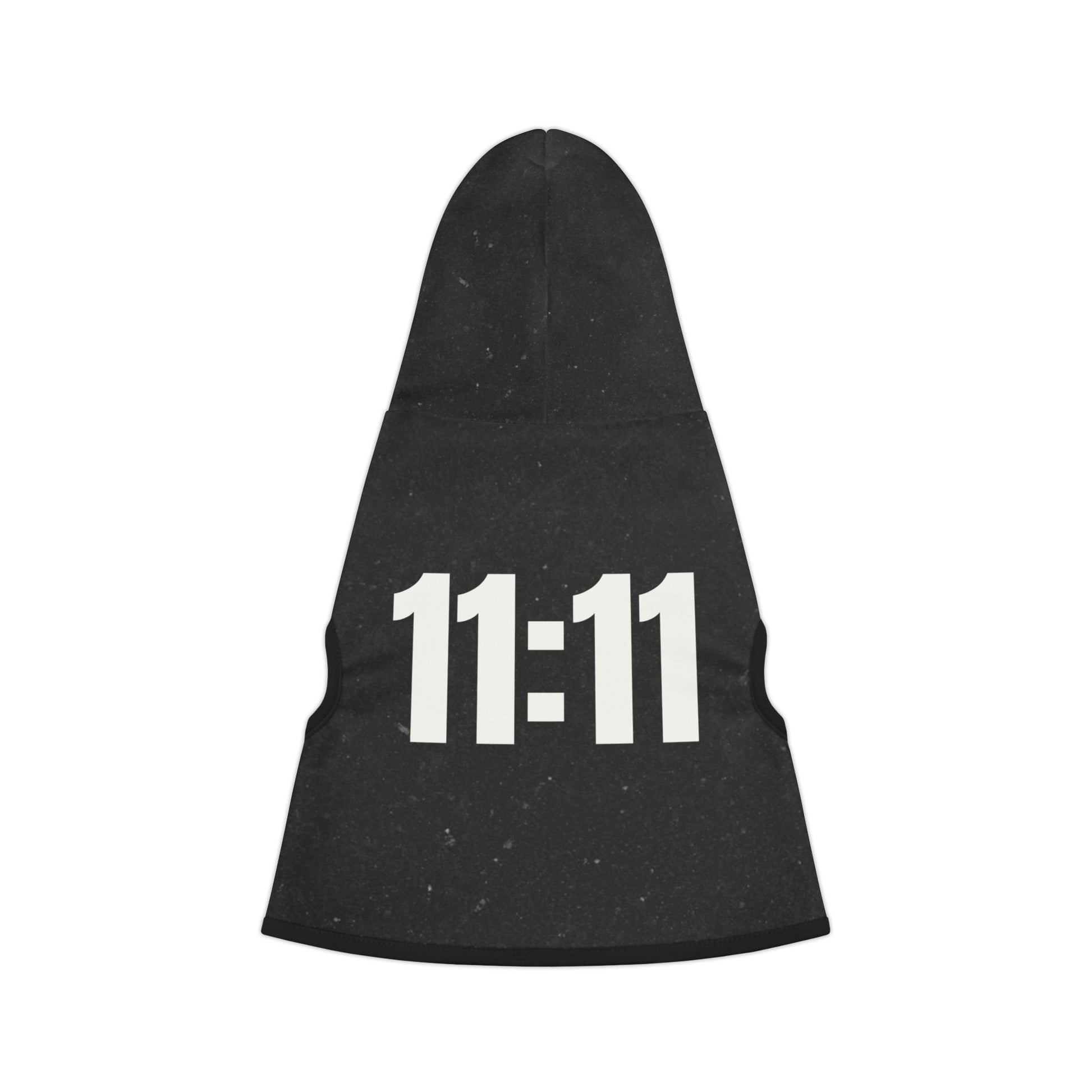 Dog wearing black 11:11 hoodie outdoors