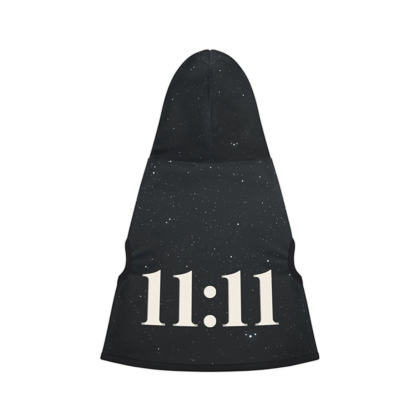 Black 11:11 pet hoodie with white rib trim