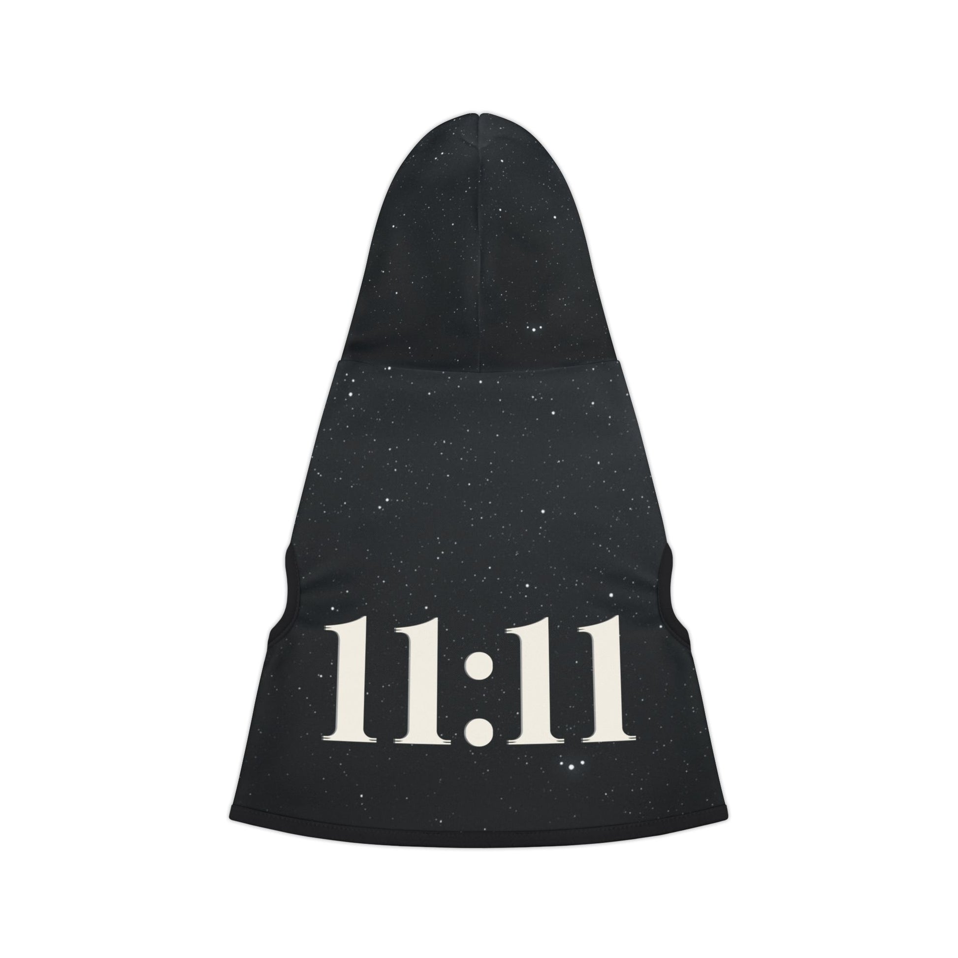 Black 11:11 pet hoodie with white rib trim