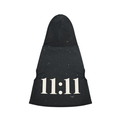 Black 11:11 pet hoodie with white rib trim