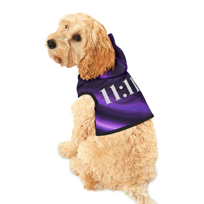 Dog wearing purple swirl 11:11 angel number pet hoodie back view