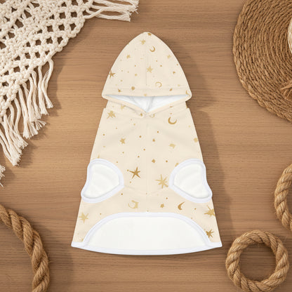 Back view of dog hoodie showing 11:11 angel number on celestial star pattern