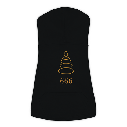 666 Angel Number dog hoodie in Black — gold zen-cairn emblem and '666' print on Doggie Skins fleece pullover