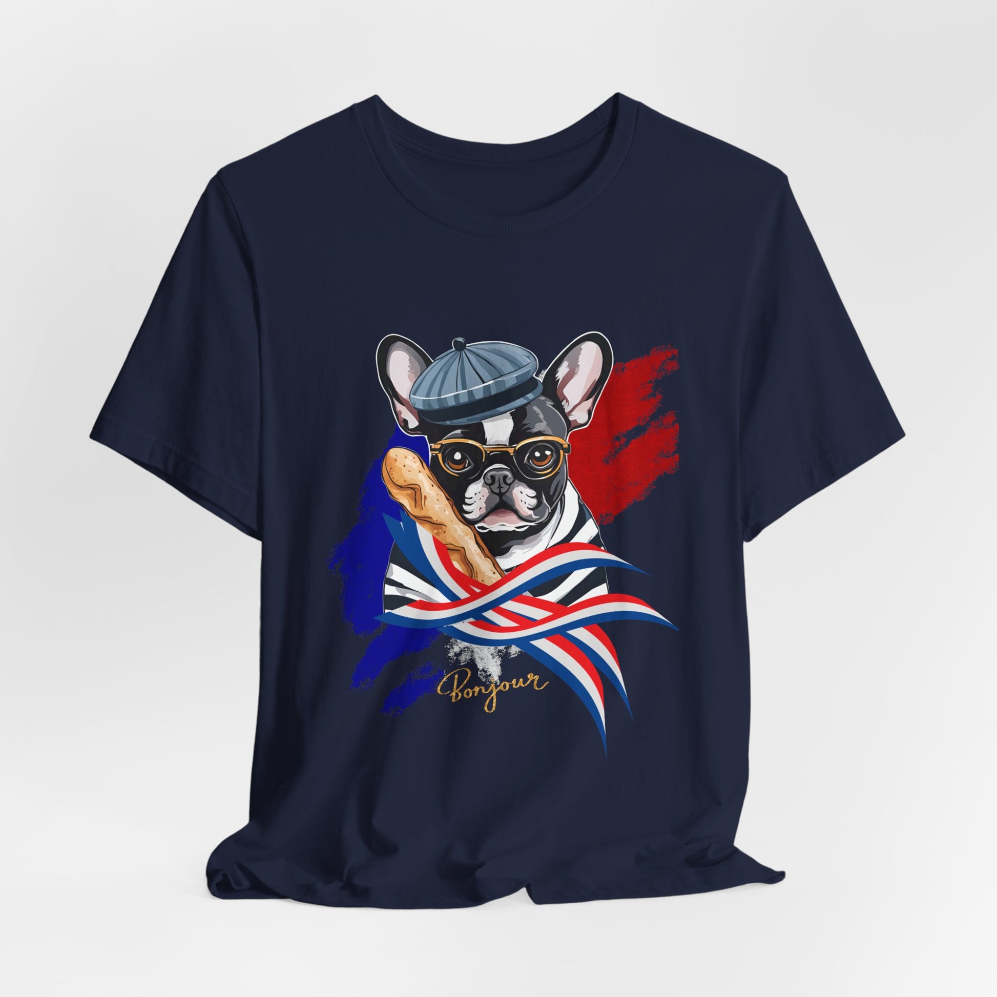 French Bulldog with Baguette T-Shirt in Red — relaxed fit on model, XS–5XL sizing — SniffWaggleNWalk™