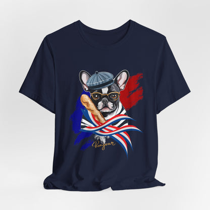 French Bulldog with Baguette T-Shirt in Red — relaxed fit on model, XS–5XL sizing — SniffWaggleNWalk™