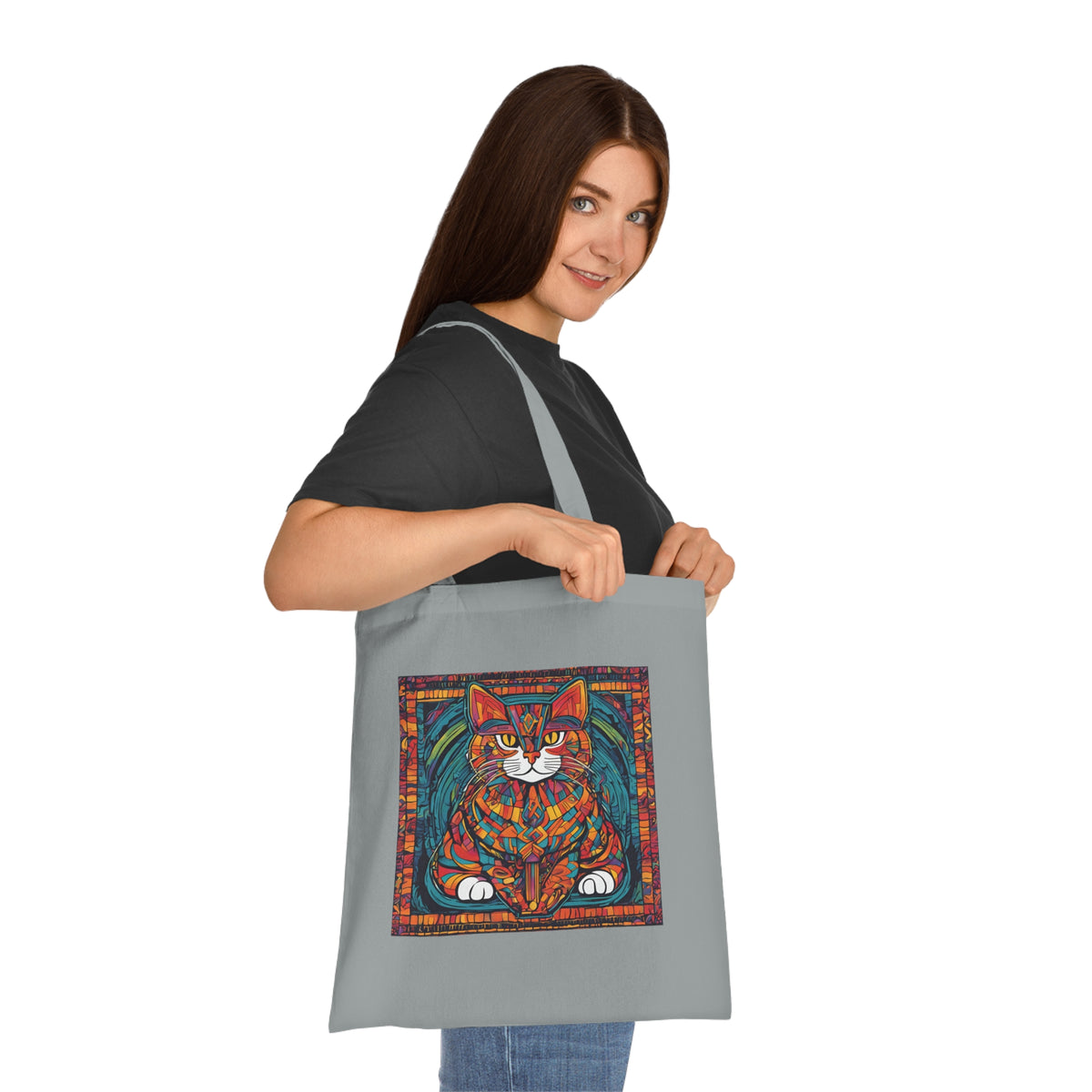 Stained glass cat tote bag in white, side view showing flat construction and 30cm handle length