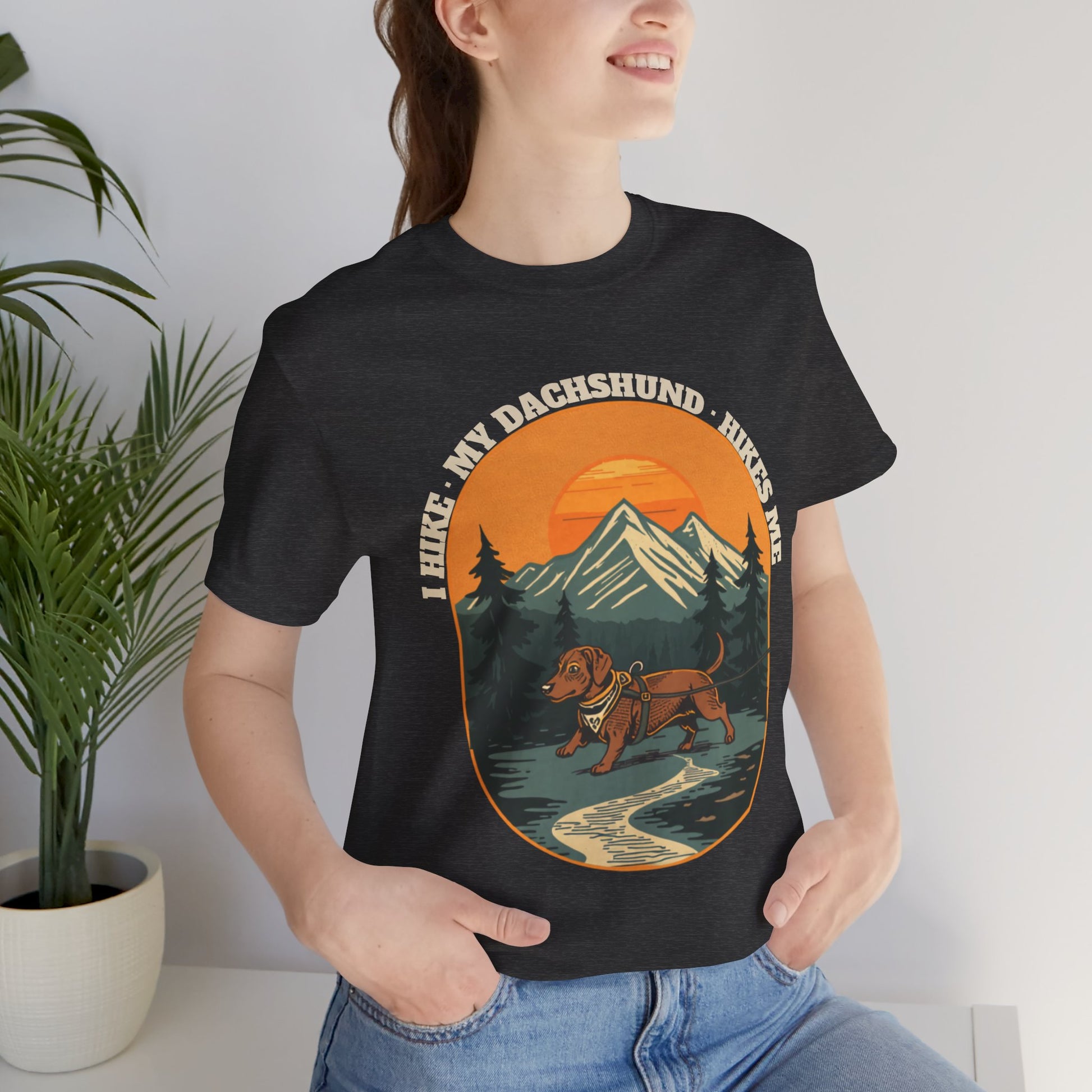 Black dachshund hiking unisex tee gift idea for dog lovers