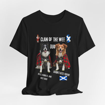 Clan of the Wee Dug red dog t-shirt worn by woman, Scottish dog lover gift Bella+Canvas 3001