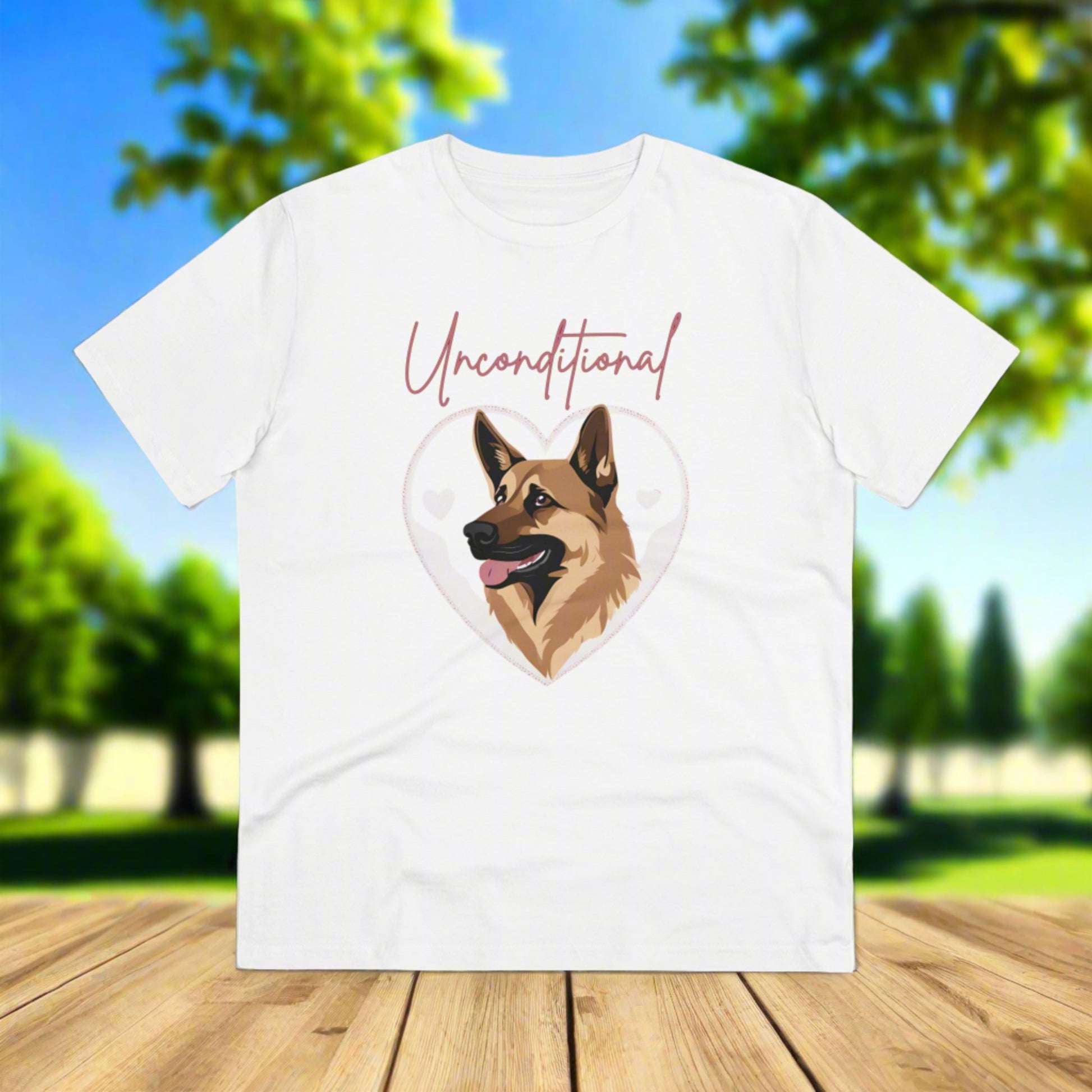 "UNCONDITIONAL LOVE" Organic T-shirt - Unisex FEATURING A GERMAN SHEPHERD - Sniff Waggle And Walk