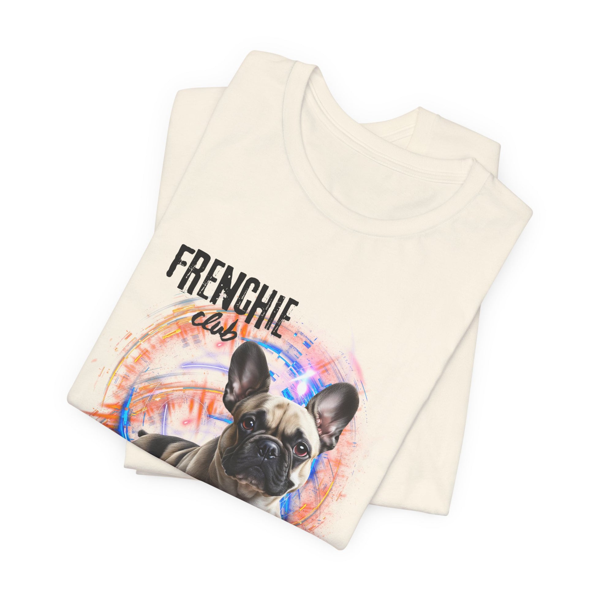 Join the Frenchie Club tee — Pink, flat lay, Frenchie design by SniffWaggleNWalk™
