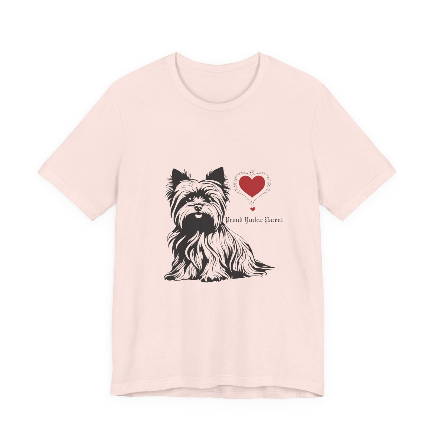 Proud Yorkie Parent t-shirt in Soft Pink — Yorkshire Terrier and red heart graphic tee, front view