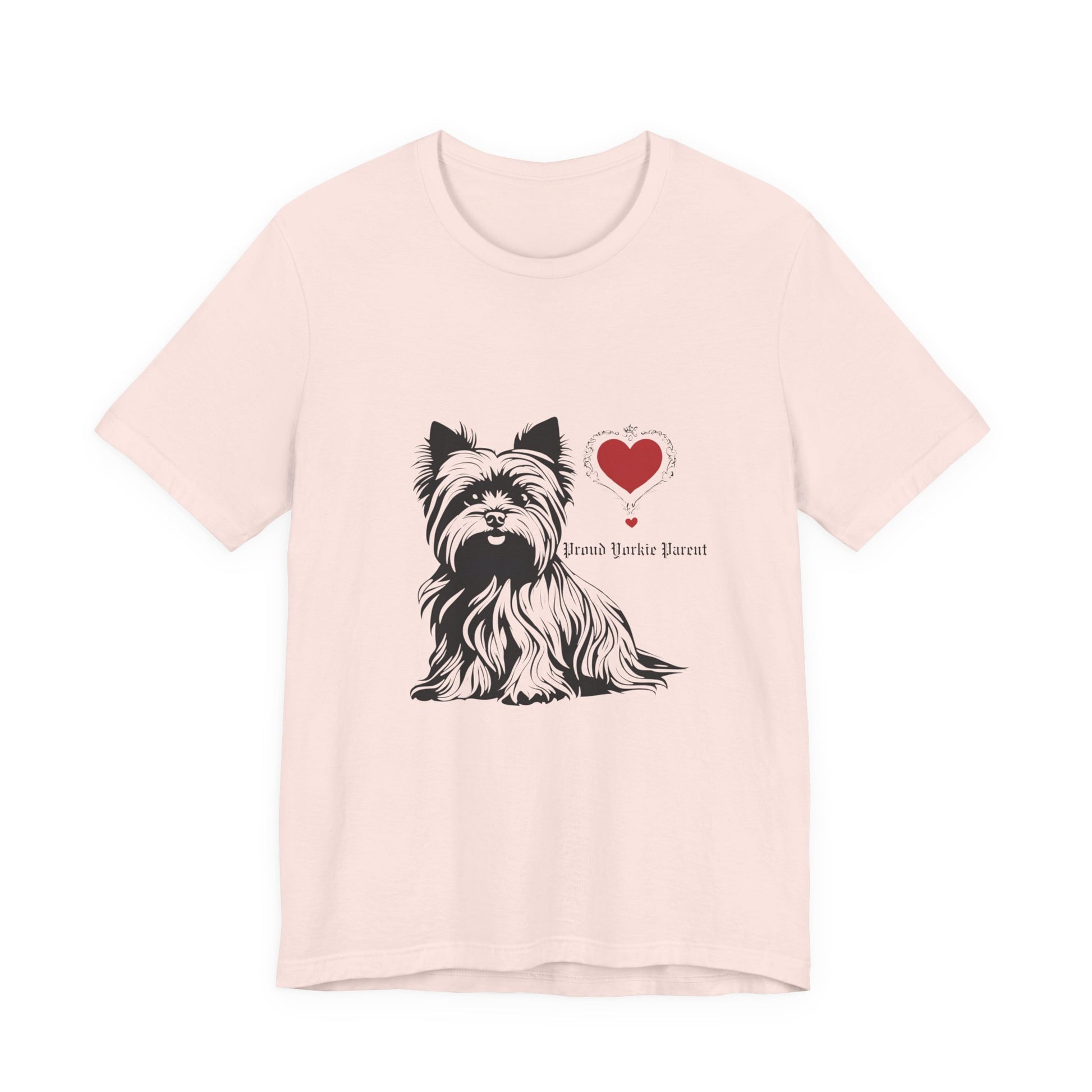 Proud Yorkie Parent t-shirt in Soft Pink — Yorkshire Terrier and red heart graphic tee, front view