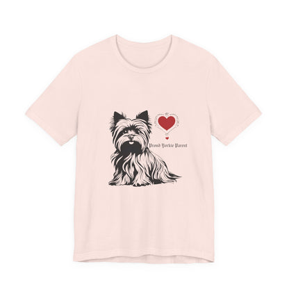 Proud Yorkie Parent t-shirt in Soft Pink — Yorkshire Terrier and red heart graphic tee, front view