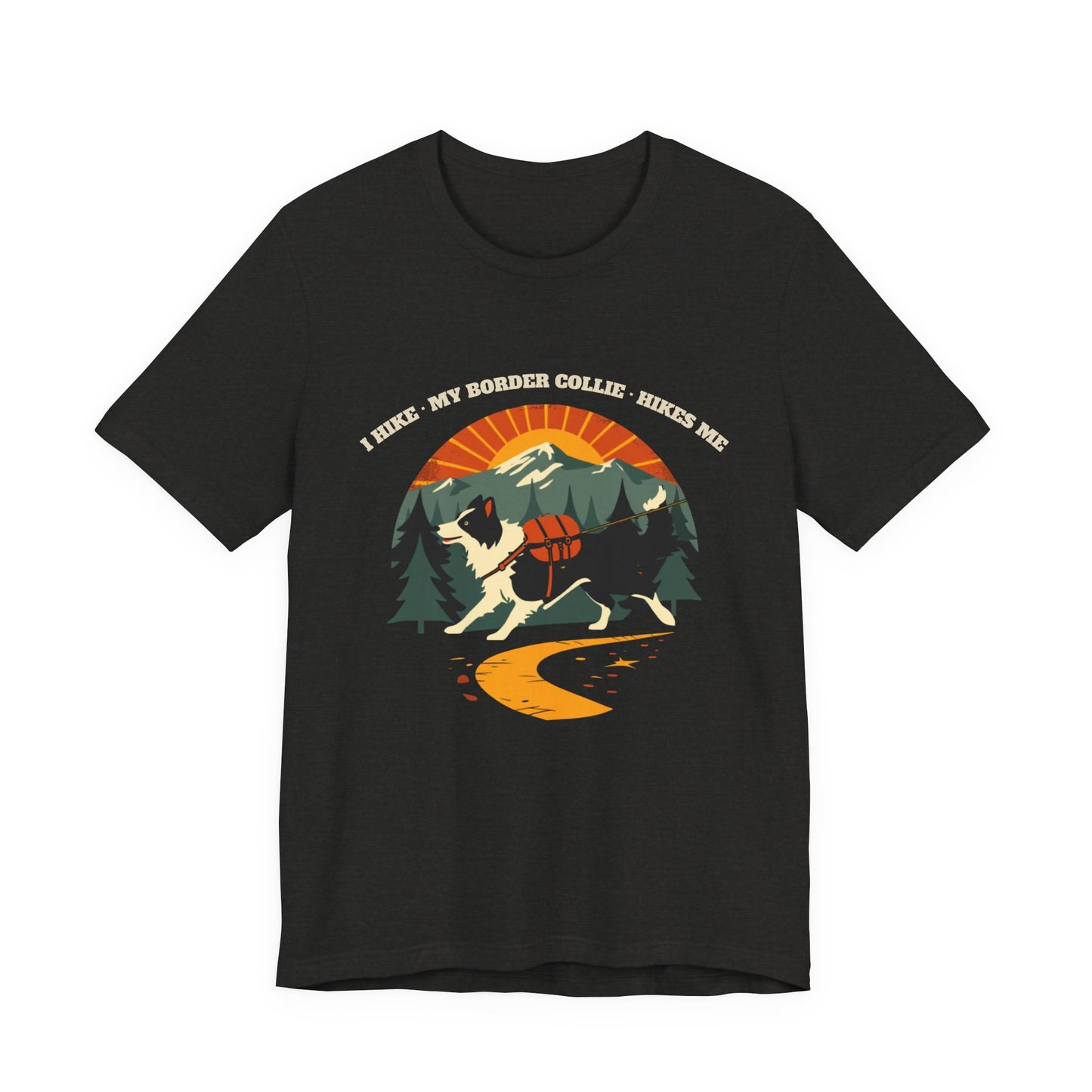 Dark grey heather I Hike My Border Collie Hikes Me tee front view