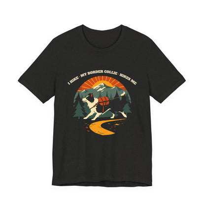 Dark grey heather I Hike My Border Collie Hikes Me tee front view