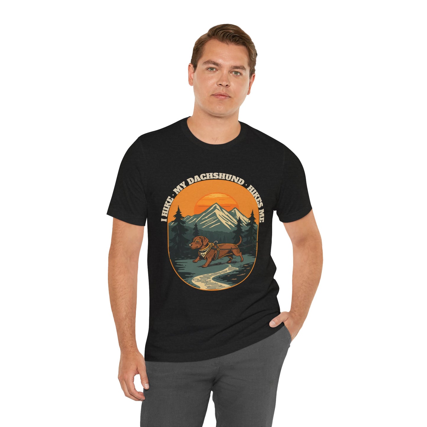 Black dachshund hiking tee folded flat showing the unisex fit