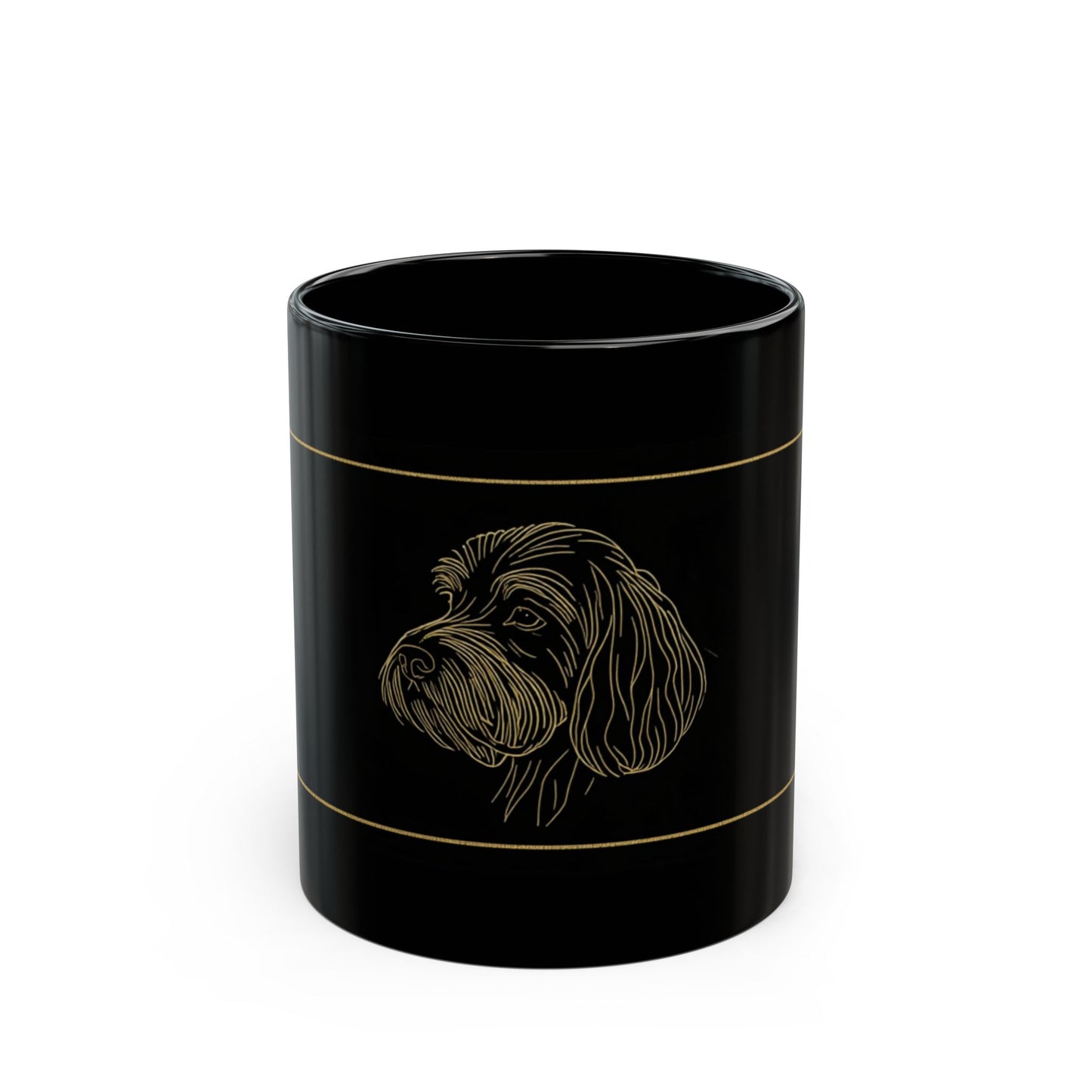 Black Ceramic Mug — Elegant Gold-Line Dog Portrait Coffee Cup (11oz/15oz)