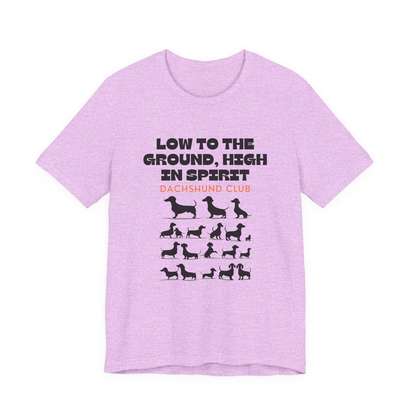 Heather Prism Lilac Dachshund Club unisex tee laid flat showing dachshund silhouette print