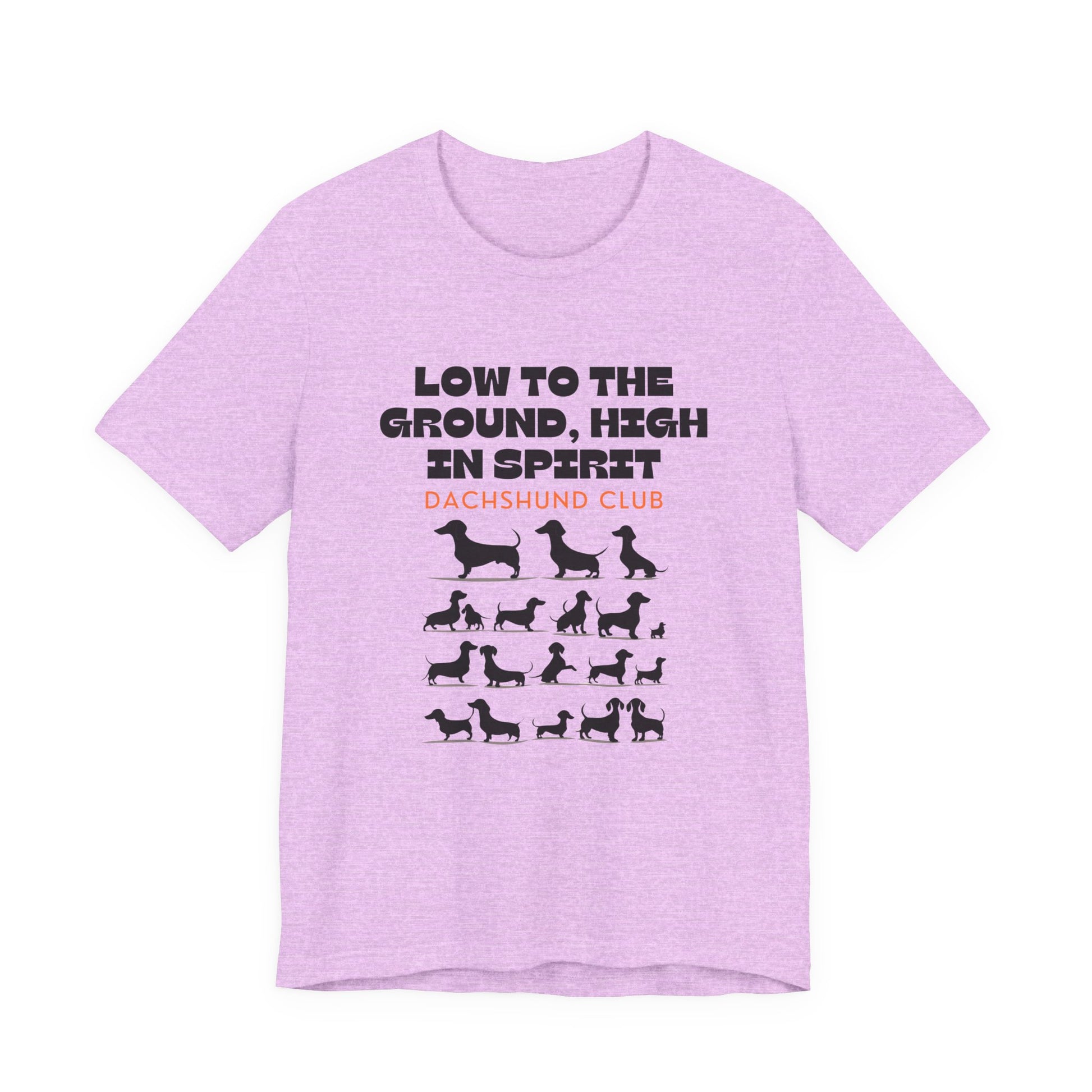 Heather Prism Lilac Dachshund Club unisex tee laid flat showing dachshund silhouette print
