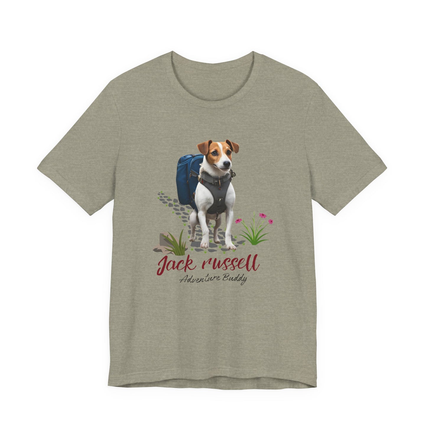 Jack Russell Adventure Buddy t-shirt in Heather Stone — terrier with backpack graphic tee, front view