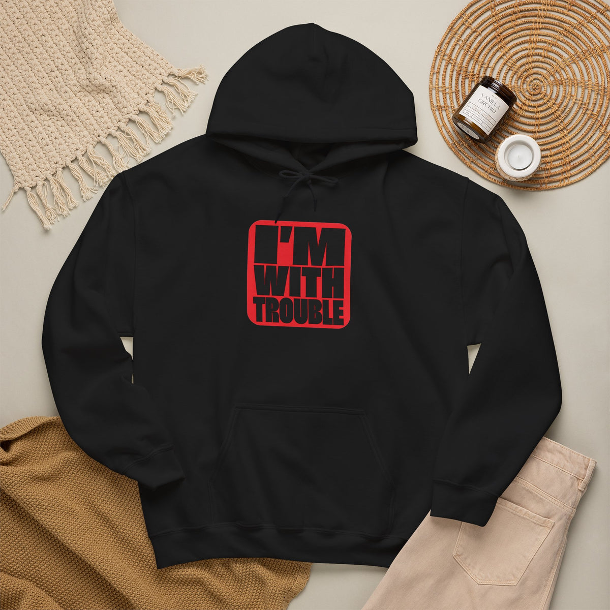 I'm With Trouble Hoodie — bold red graphic on cosy unisex pullover, product photo