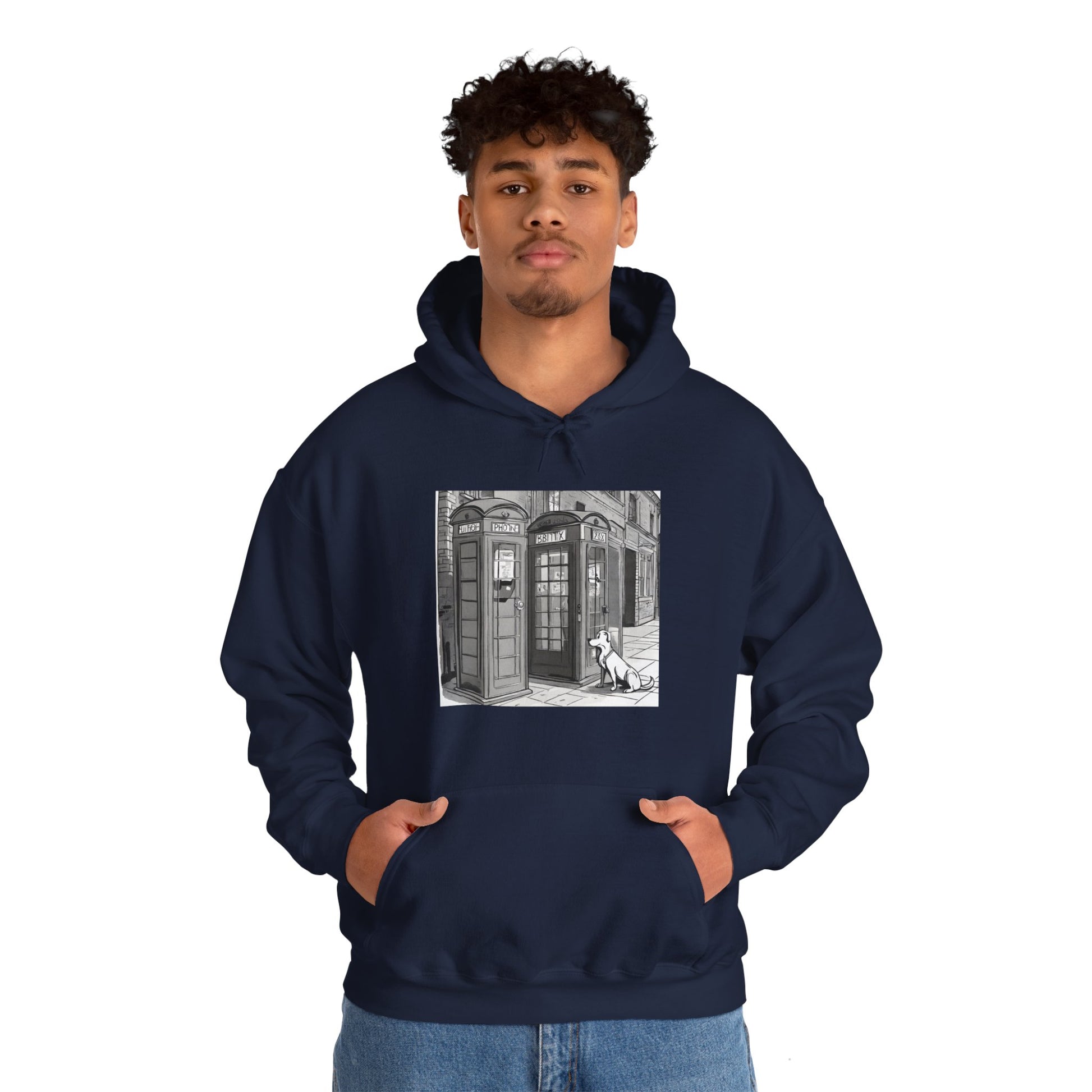 Unisex Heavy Blend™ Dog next to a phone box Hooded Sweatshirt - Sniff Waggle And Walk