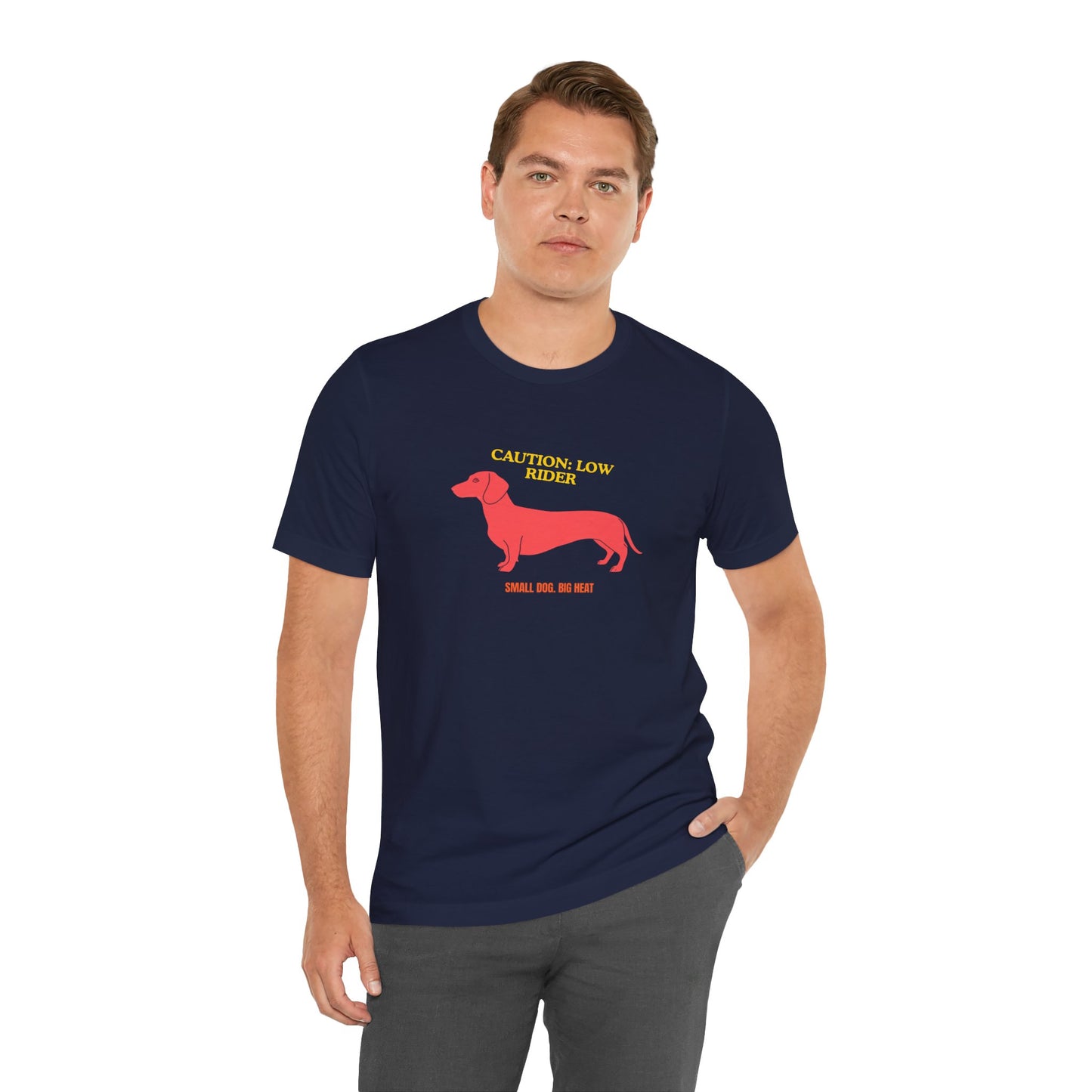 Dachshund T‑Shirt — "Caution: Low Rider" Small Dog Big Heat Tee — SniffWaggleNWalk™