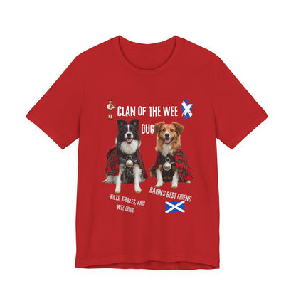 Clan of the Wee Dug black dog t-shirt flat lay, soft cotton unisex tee for Scottish dog lovers